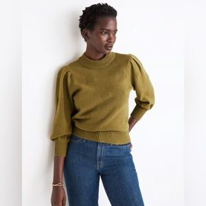 Madewell Dotted Eaton Puff-Sleeve Pullover Sweater in Cotton-Merino Yarn Green